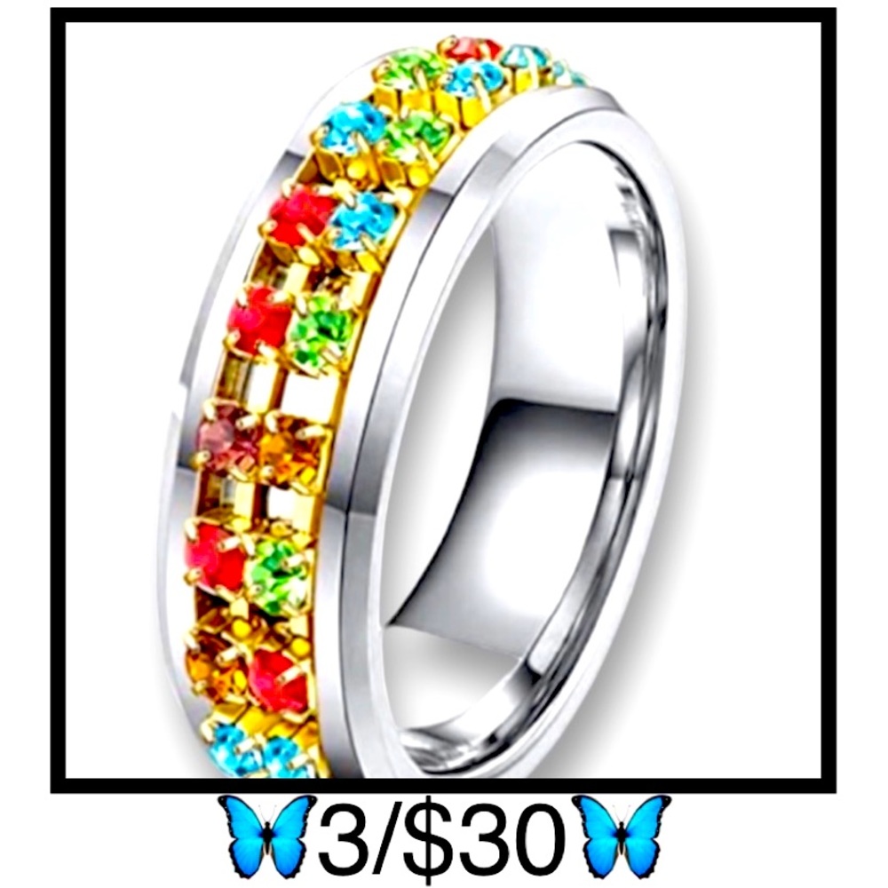 Stainless Steel Fidget Spinner Multicolored Jeweled Ring, Size 5